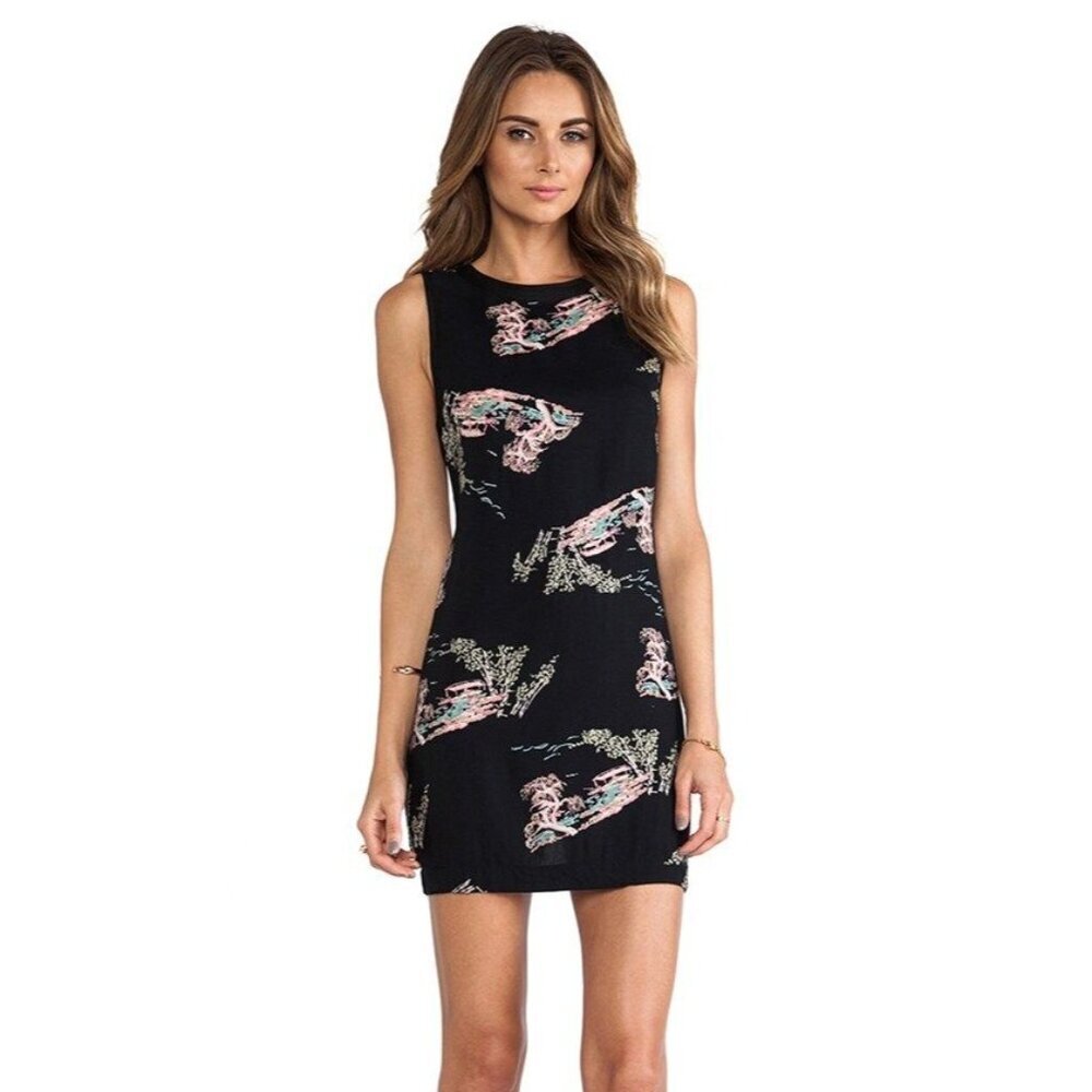 Neuw Dress Women Medium Black Oriental Print Sleeveless Button Back Maze Mini